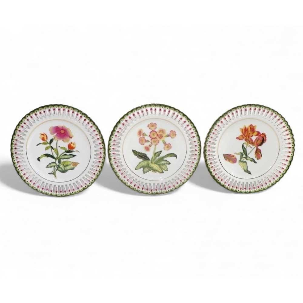3 VTG Decorative Plates Pink Green Chinoiserie Flowers Reticulated Japan France